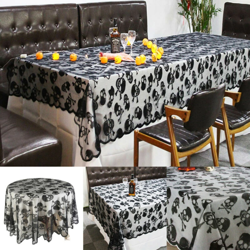 Spooky Lace Table Cloth Skulls Roses spider web Black Lace Halloween Tablecloth