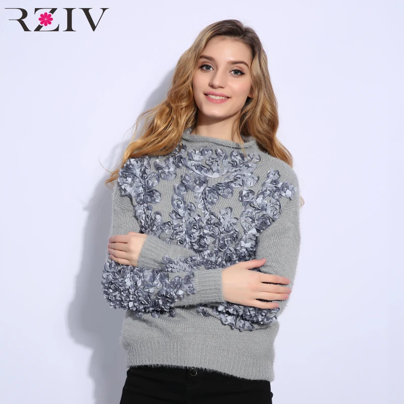 RZIV 2018 Autumn and winter women sweater and pullovers leisure female flowers embroidered patch knitted sweater