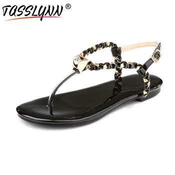 

TASSLYNN 2019 Women Sandals Cow Leather+PU Gladiator Summer Shoes Women Buckle Strap Flip-flop Beach Shoes White Big Size 34-42
