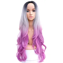 Длинные Волнистые Ombre серый розовый фиолетовый средняя часть синтетический парик термостойкие темные корни три тона женские натуральные волосы парики JINKAILI
