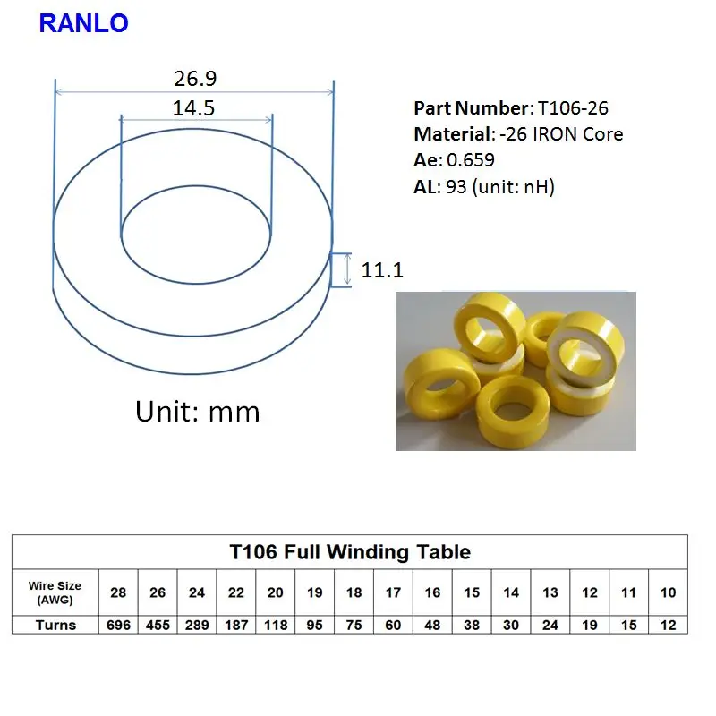 T106-26 27*14,2*11 мм Железный силовой сердечник индуктор желтый/белый ферритовый кольцевой сердечник с покрытием AL 93нh 27,0 мм x 14,0 мм x 11 мм