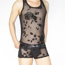 Мужская прозрачная Пижама, сексуальный розовый дизайн, марлевый жилет, комплект одежды для сна, майка без рукавов, топы и наборы боксеров 1559