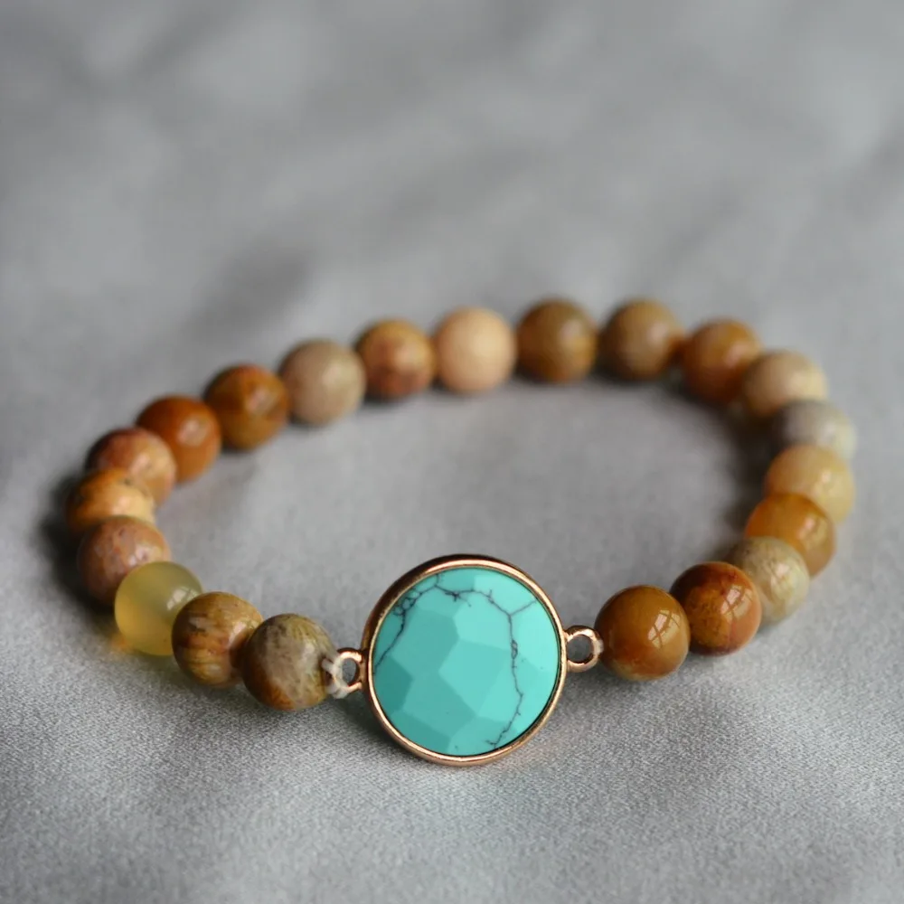 

Most Pouplar Natural Stone Fossil Coral Beads Stretch Bracelet With Blue Turquoises Charms For Bracelet