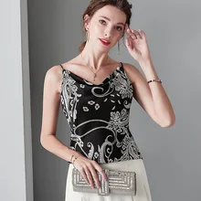 Light Pink Top V Neck Silk White Shirt Soft Stain Cami Black Printing Spaghetti Strap Tank Top Women Clothes Backless Sexy Tops square neck knot at back cami top in white