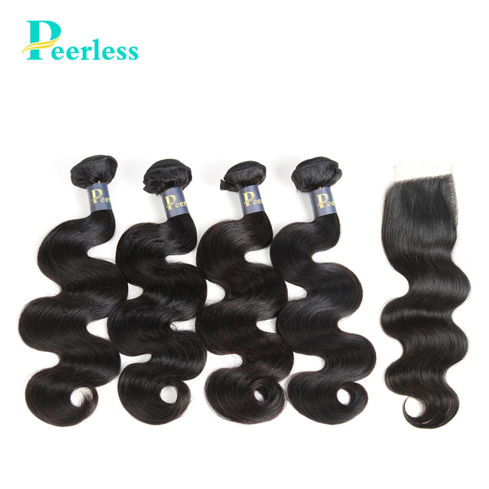 

PEERLESS Virgin Hair Peruvian Body Wave 4 Bundles With Closure 4*4 Lace 100% Unprocessed Raw Human Hair Extensions