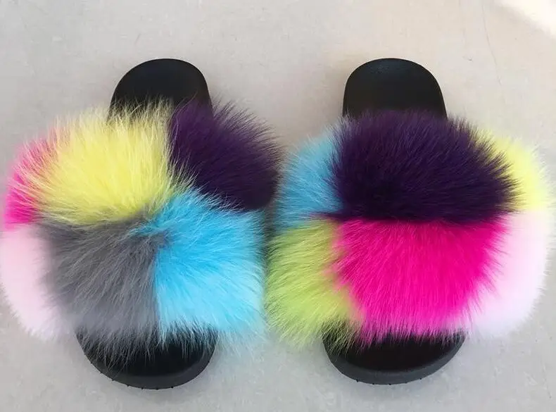 New Mixed Color Real Fox Fur Slippers Slides Casual Shoes Fluffy Slippers Flip Flops Furry Shoes Women