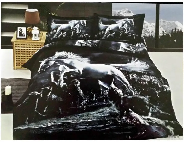 3DBlackandwhitehorsebeddingsetsetsqueensizeduvetcover