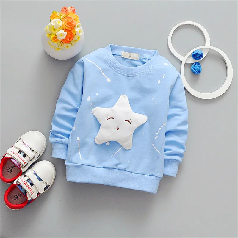 Новые модные топы, Детская футболка с длинными рукавами и рисунком, универсальная хлопковая куртка со звездами, одежда для маленьких девочек, детская одежда для мальчиков - Цвет: Небесно-голубой