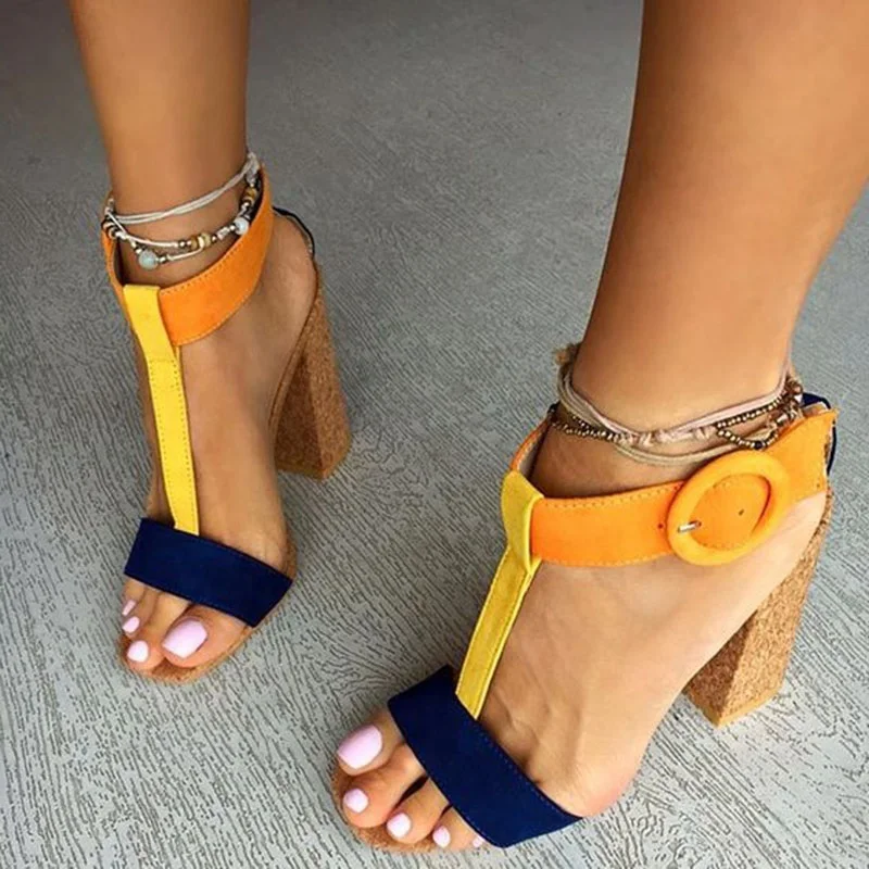 

Sandalias Mujer 2018 Block Heels T-Strap Women Sandals Wood Grain Thick Heels Multi-Color Patchwork Sandals Summer Shoes