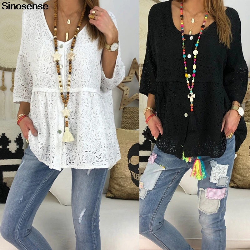 S-5XL Plus Size T Shirt Women 3/4 Sleeve Solid Black White Tops Casual V Neck Hollow Out Loose Lace T-shirts Summer Tshirt | Женская