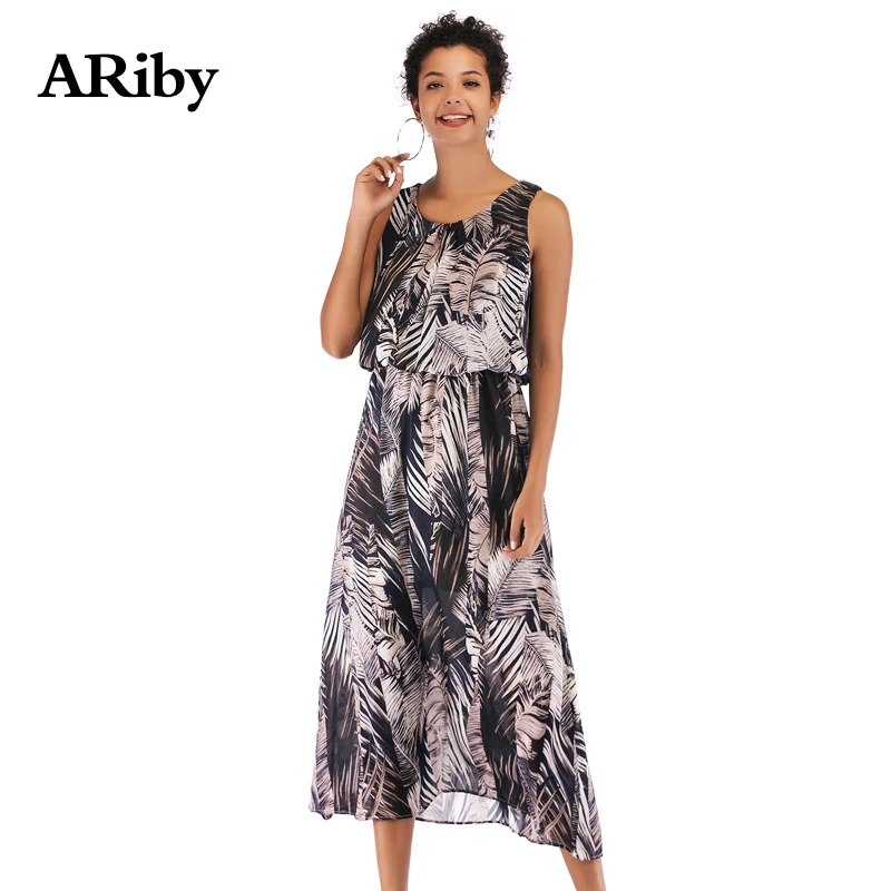 Summer Dress Women Round Collar Maxi Dresses 2019 New Fashion Casual Ladies Printed Mid-long Slim Chiffon Sleeveless Loose Dress