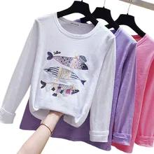Модная вышивка блесток рыбка футболка Женские топы осень длинный рукав Повседневная футболка Женские футболки Джемпер S/M/L/XL