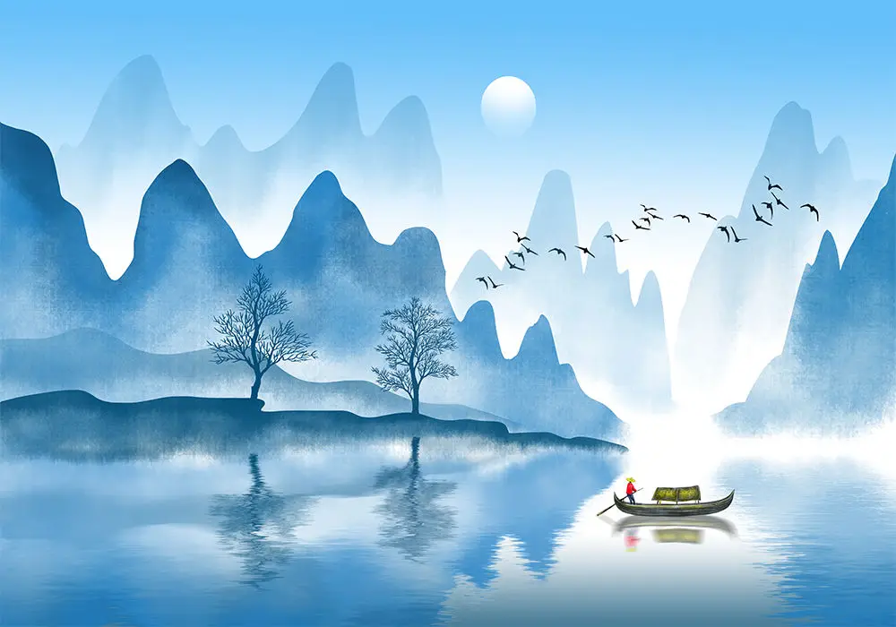 Custom wallpaper murals simple modern blue ink landscape bedroom wall - high-grade waterproof material Custom wallpaper murals simple modern blue ink landscape bedroom wall - high-grade waterproof material