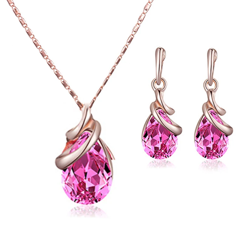 

2019 New Fashion Gold Color Wedding Jewelry Sets Purple Red Waterdrop Crystal Pendant CZ Chain Necklace Earrings Set Gifts