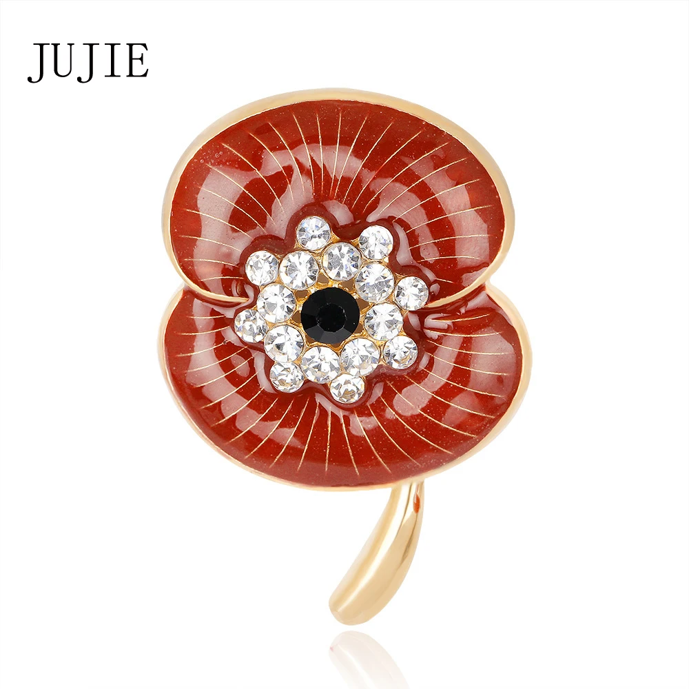

JUJIE Christmas Enamel Red Flower Brooch For Women Crystal Rhinestone Plant Brooch Pins Female Wedding Bouquets Brand Jewelry