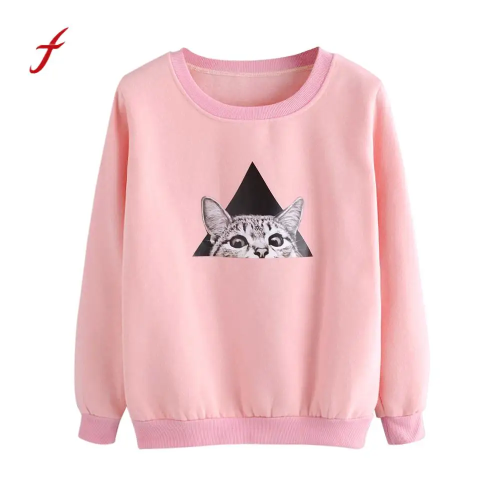 Womens Cat Printing Pink Long Sleeve Sweatshirt Pullover Tops Blouse ...