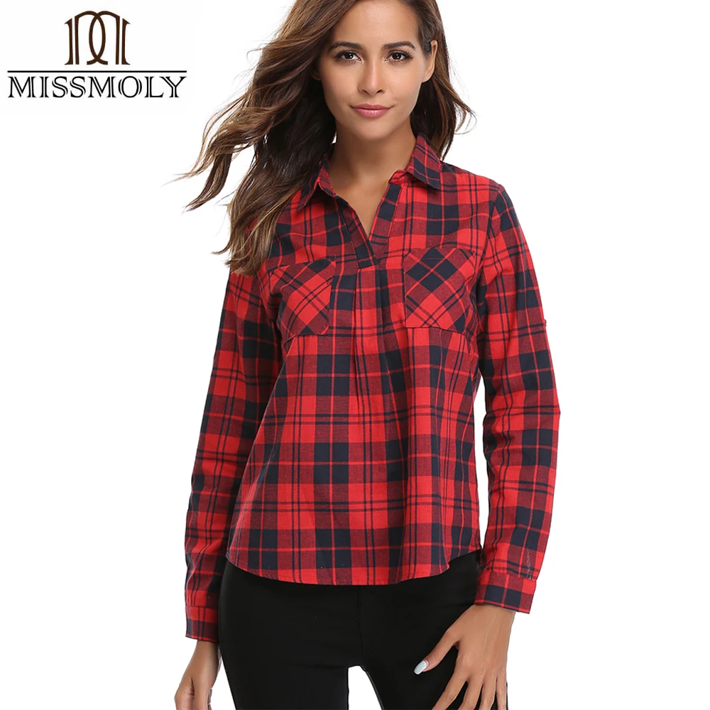 Autumn Spring Winter Women Red Plaid Shirts Plus Size Long Sleeve Lady