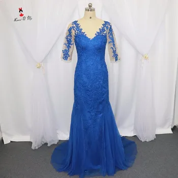 

Robe de Soiree Longue Royal Blue Lace Evening Dresses Long Buttons Mermaid Party Dress Abendkleider 2017 Formal Prom Dress Abiye