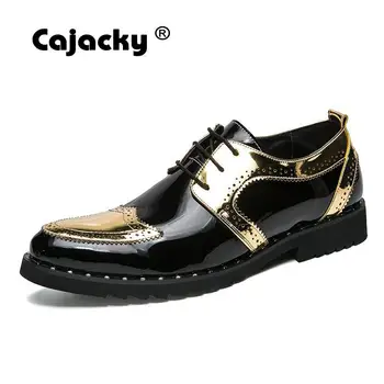 

Cajacky Plus Size Brogue Dress Shoes Men 2018 New Lace Up Sequin Leather Dress Shoes Men Gold Silver Loafers 48 47 11.5 11 Hot