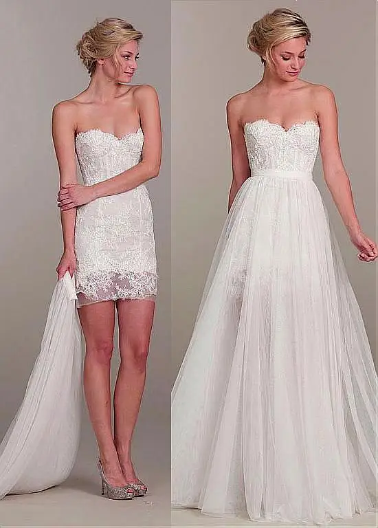 

New Short Mini 2 in 1 Sheath Lace Tulle Wedding Dresses With Detachable Skirt Sweetheart Two Pieces Bridal Gowns