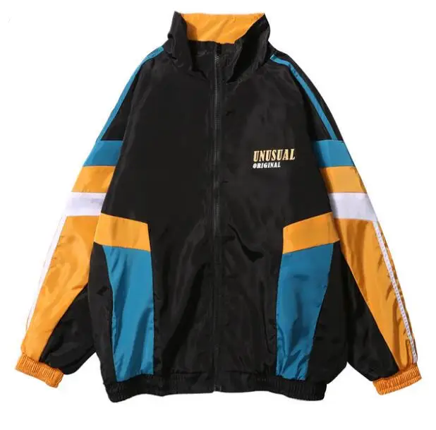 

Vintage Color Block Patchwork Printed Track Jackets Men Casual Full Zip Up Windbreaker Coats Hip Hop Male Streetwear