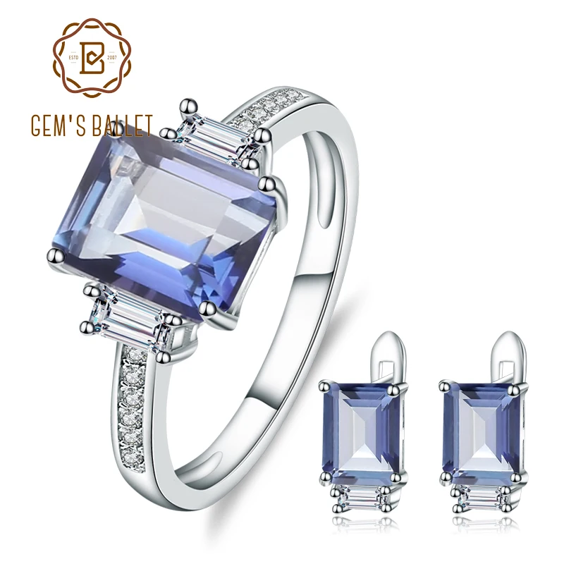 

GEM'S BALLET Classic Natural Iolite Blue Mystic Quartz Gemstone Earrings Ring Set For Women 925 Sterling Silver Jewelry Sets