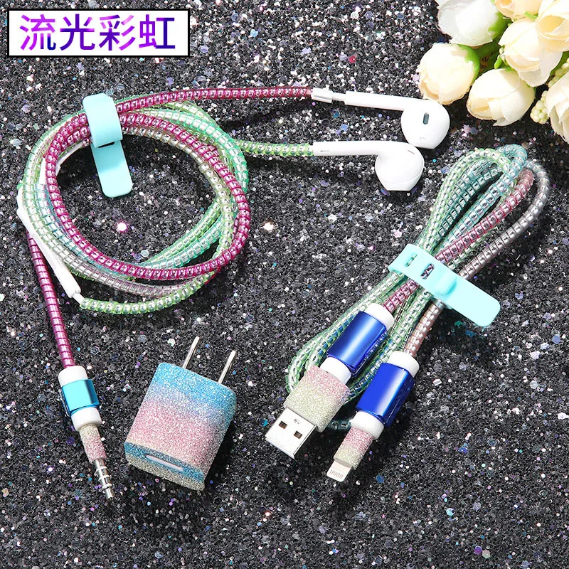 

2019 New Cable Earphone Protector Set with Cable Winder Bling stickers USB Charger cable cord protector For iphone 6 7 8 X