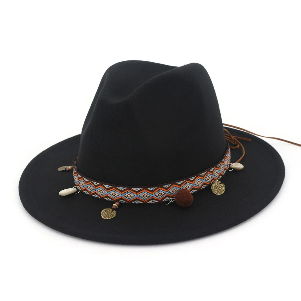 Ретро Женская шерстяная западная ковбойская шляпа с широкими полями, ковбойская, джазовая, конная, сомбреро с лентой в национальном стиле AD0855 - Цвет: Черный