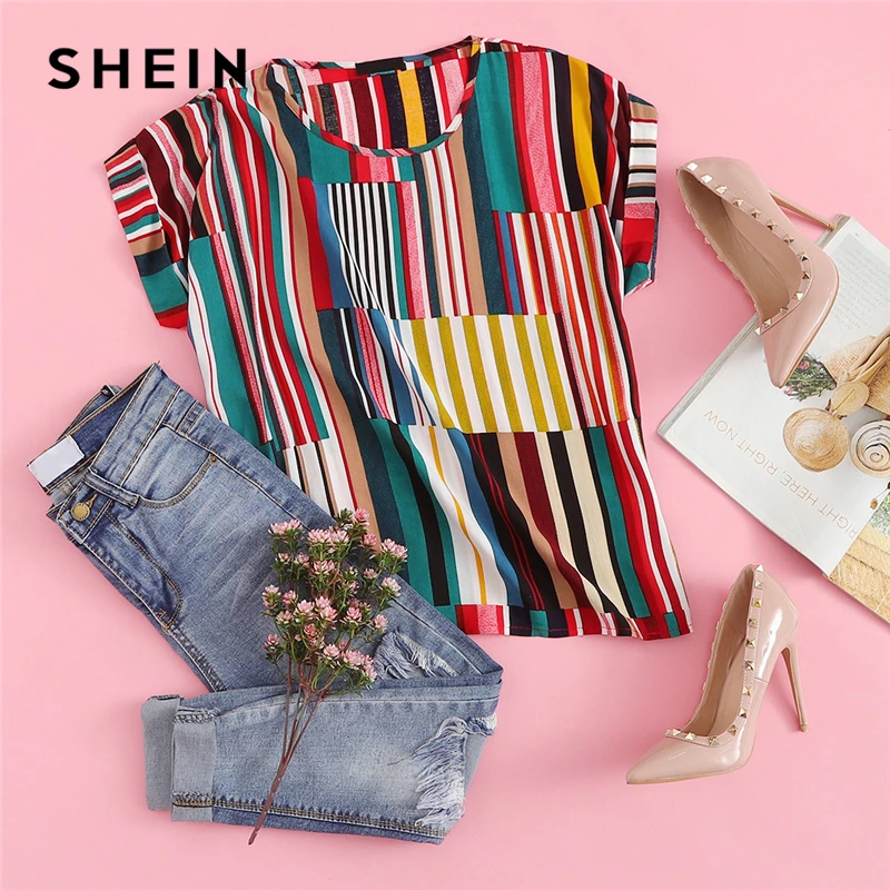 SHEIN Multicolor Mix Striped Print Rolled Up Tee Casual Scoop Neck Colorblock T-Shirt Women Summer Short Sleeve Tops SHEIN Multicolor Mix Striped Print Rolled Up Tee Casual Scoop Neck Colorblock T-Shirt Women Summer Short Sleeve Tops