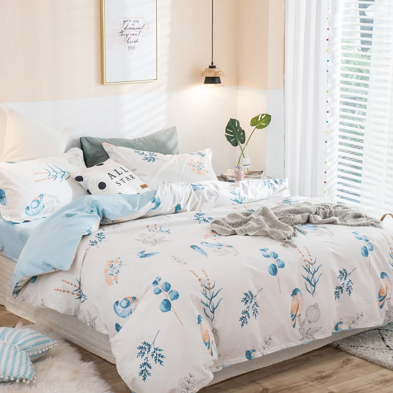 Buy blue cute birds 3pcs/4pcs duvet cover flat sheet