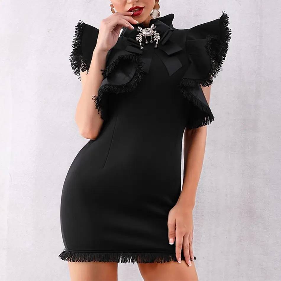 Новейшая мода облегающее для вечеринки со знаменитостями Платье женское с рукавом-бабочкой и круглым вырезом с оборками сексуальное платье для ночного клуба женское платье Vestidos