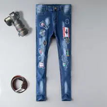 Straight cotton jeans men ripped distressed hole 2019 new brand denim trousers patchwork printed homme jeans plus size 29-38 Straight cotton jeans men ripped distressed hole 2019 new brand denim trousers patchwork printed homme jeans plus size 29-38