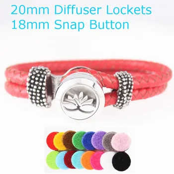

New Stainless Steel Perfume Locket 20mm Lotus Aromatherapy Essential Oil Snap Button Diffuser Locket Leather Bracelet for Women