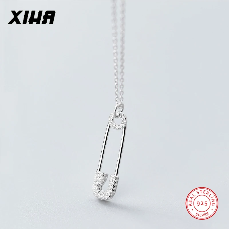 

XIHA Real 925 Sterling Silver Pendant Necklace for Women Safety Pin Shape 2018 Choker Necklaces Crystal Necklace Fashion Jewelry