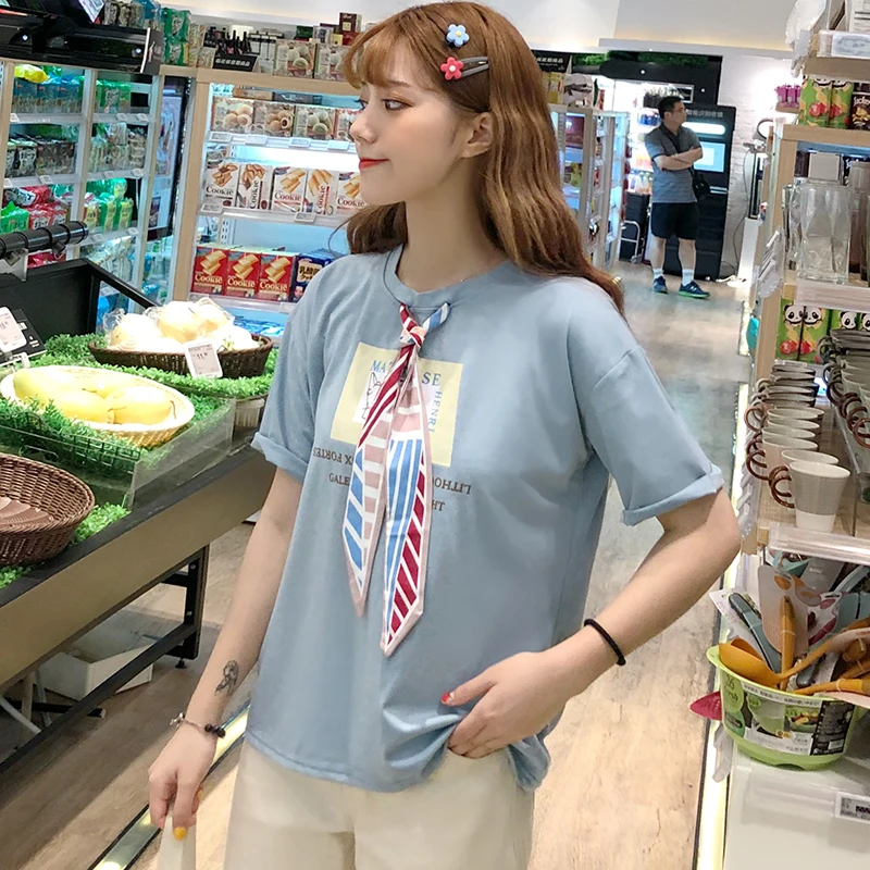 

harajuku Women O-Neck Short Sleeve T-shirt korean cotton white T-shirts Ladies Summer 90s girl soft stripe Bow student Tops Tee