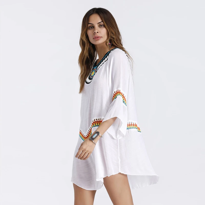 Повседневное Boho футболка Для женщин лето хлопок вышивка белый цвет желтый синий