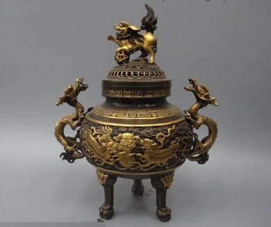 

wholesale factory 14"Chinese Royal Purple Bronze 24K Gold Foo Dog Lion Two Dragon Dynasty Censer