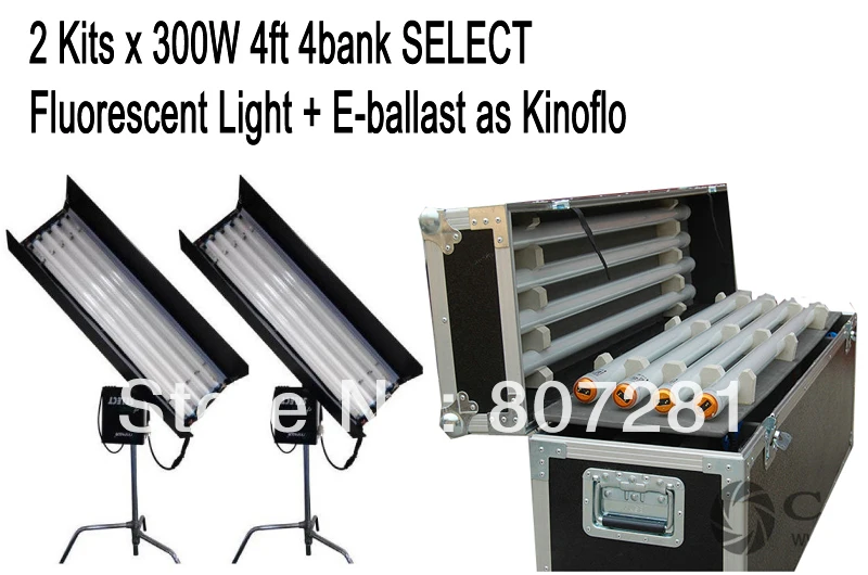 

2Kits 4ft 4bank Fluorescent Light +Ballast + Flycase as kinoflo Tubes C-stands