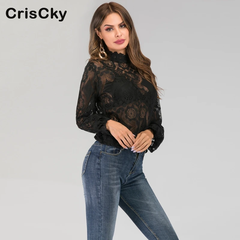 CRISCKY 2019 элегантные топы и блузки женские кружевные белые рубашки со стоячим