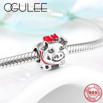 

2019 Hot 925 Sterling Silver Lucky pig Red bow charms Enamel beads for Jewelry making Fit Original Pandora Charm Bracelet