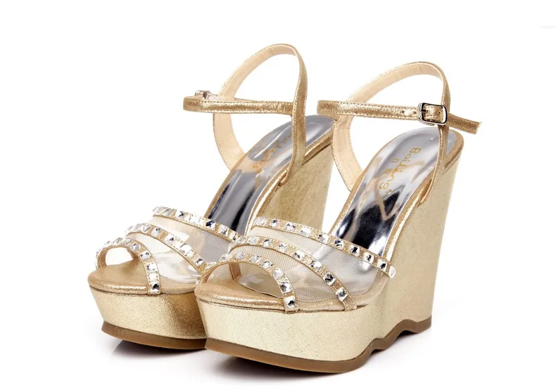 34_2016 Summer Fashion Elegant Footwear Peep Toe Black High Heeled Platform Sandals Silver Diamond Wedges Shoes Women Small Size