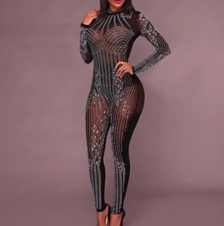 Sexy snakeskin grain long-sleeved jumpsuit women 2019 autumn and winter new slim one-piece trousers with high collar black bodysuit