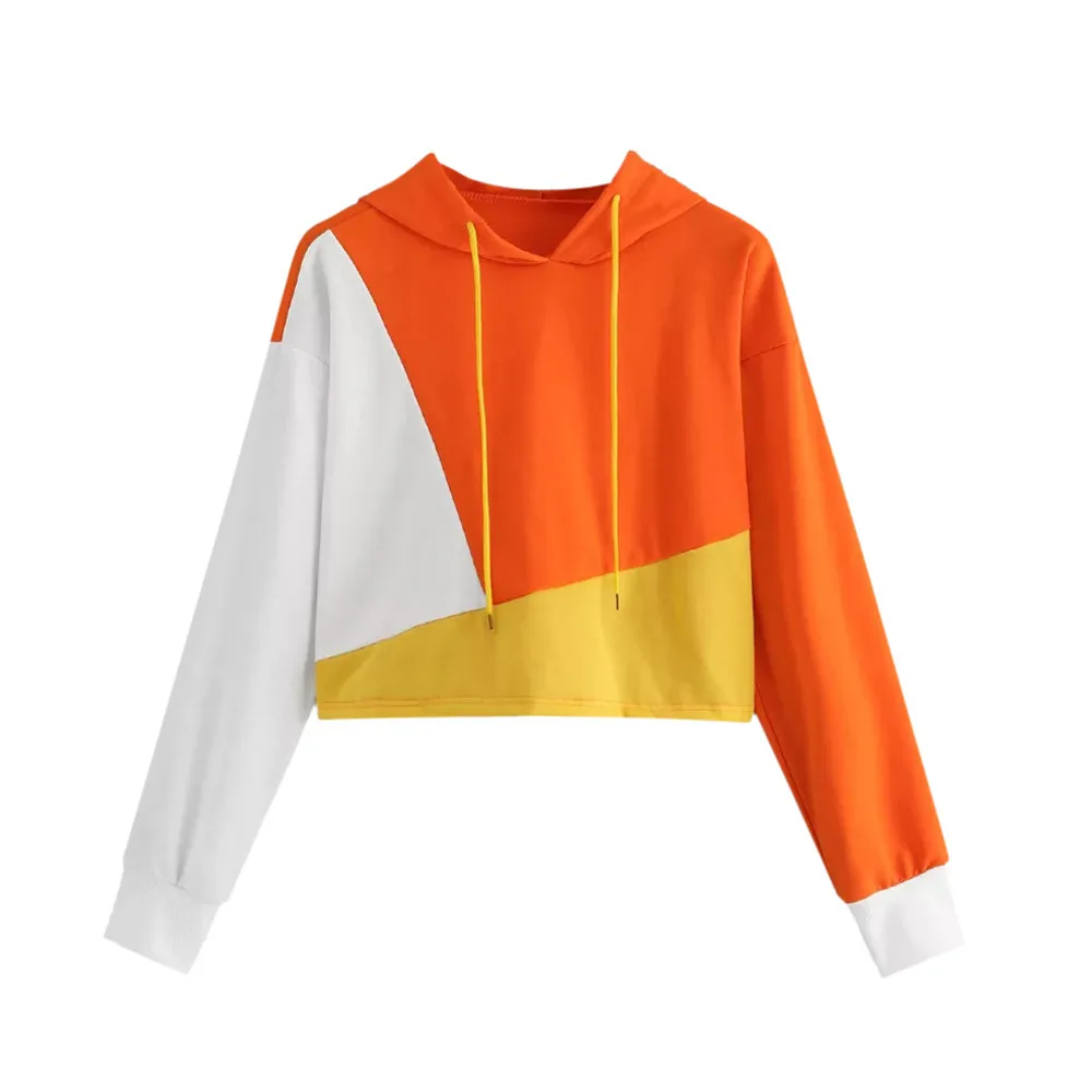 

Women's fashion long-sleeved casual stitching short hooded color matching sweatshirt fitness running breathable sports jacket