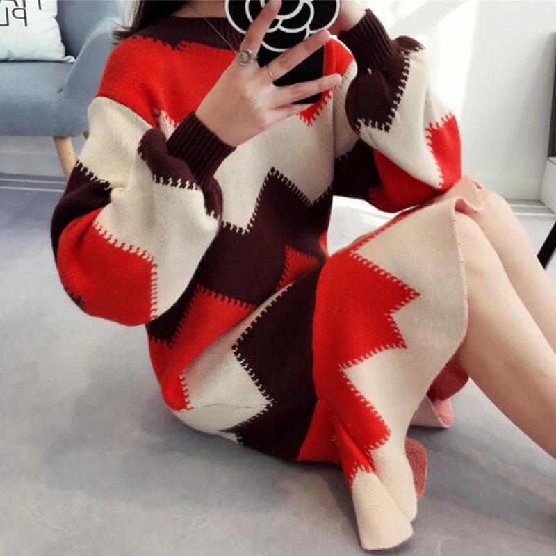 Зимнее женское платье с геометрическим рисунком, вязаное осеннее плотное платье средней длины, теплый модный свитер с длинным рукавом LM025