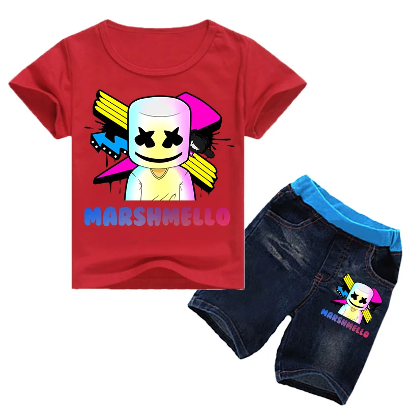 

YLS 2-16Y Marshmello T-shirt Boys Summer Clothing Set T Shirt Denim Jeans 2PCS Suit Toddler Girls Short Sets Cartoon Tops Shorts