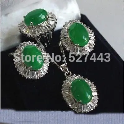 

FREE SHIPPING>>@> Wholesale Natural green jade Inlay Zircon pendant necklace Silver Plated earring Ring Sets Natural jewelry