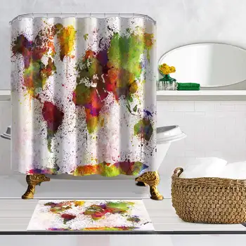 

Watercolor World Map Shower Curtains Art Creative Design Waterproof Mildew Proof Polyester Fabric With 12 Hooks Bathroom Curtain