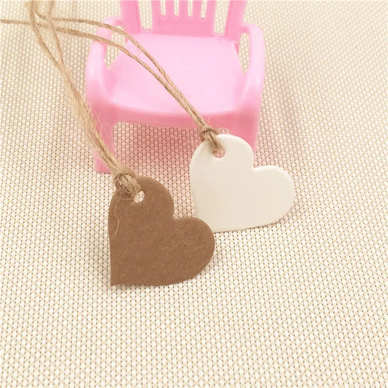 

100Pcs/Lot Handmade Paper Tags Labels Heart Shape Brown White Blank Accept Custom Paper Label Mark Hang Tags+100Pcs Hemp Strings