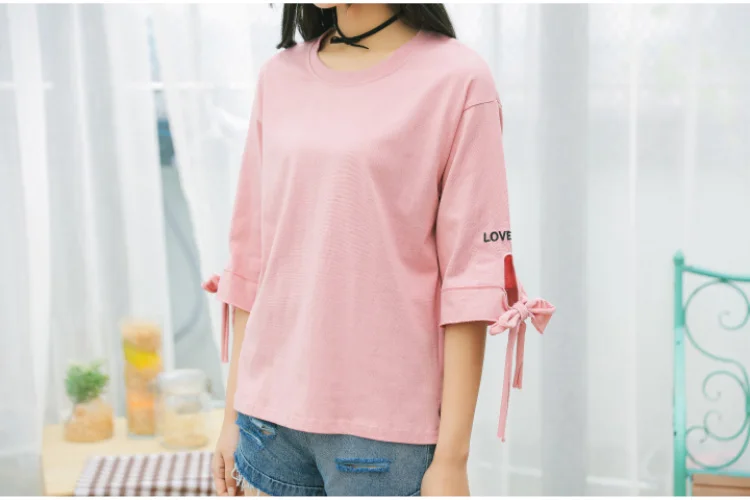 Женская одежда в Корейском стиле Kawaii Базовая футболка с бабочкой рубашки «хараюку» летняя одежда для девушек, с рукавом до локтя, футболка looseRound вырезом розового и белого цвета топы, футболки