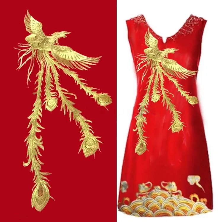 

Pairing Large Golden Phoenix Embroidered Path Fabric Wedding Dress Accessories DIY Sew Cloth lace Decorative patch